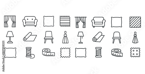 Home decor line icons: curtains, sofa, pillows, lamp, chair, rug, thread