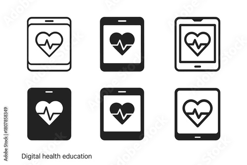 Digital Health Icons. Digital health education. Icon set. Set Logo of Digital Health Education: tablet screen displaying a heart pulse. harmonious logo