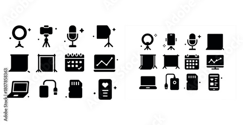 Set of multimedia and office equipment icons in black and white silhouette style