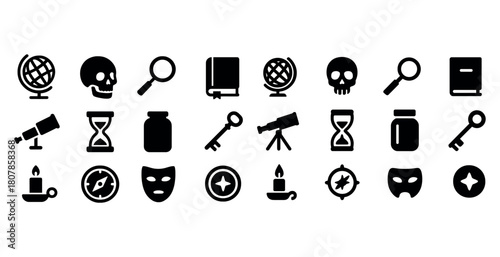 Black silhouette icons: globe, skull, book, magnifying glass, telescope, hourglass