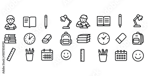 Outline icons of study tools and activities for students and learners