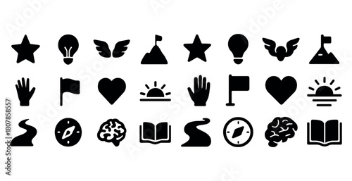 Assorted silhouette icons including star, light bulb, wings, and brain