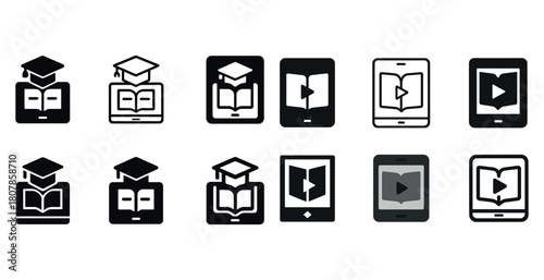Set of e-learning icons featuring books and digital devices for online education