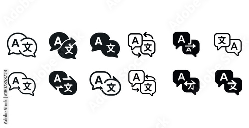 Black and white language translation icons with speech bubbles and arrows