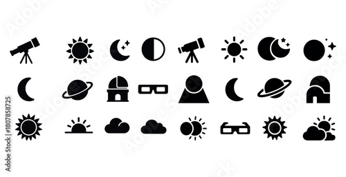 Astronomy icons: telescope sun moon planet observatory glasses