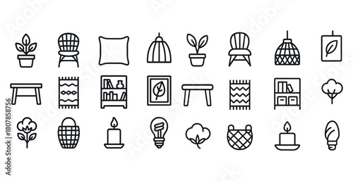 Minimalist furniture and decor line icon set: chairs, plants, rugs, bookshelves, lights