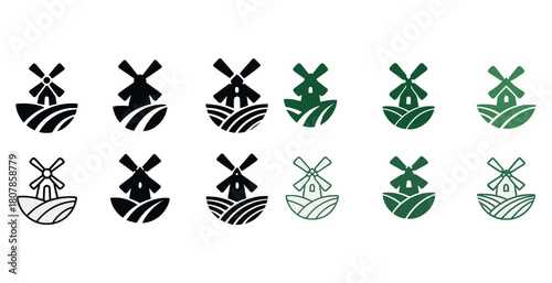 Set of windmill icons in various styles and colors