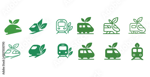 Eco-friendly train icons with leaf motifs in various green designs