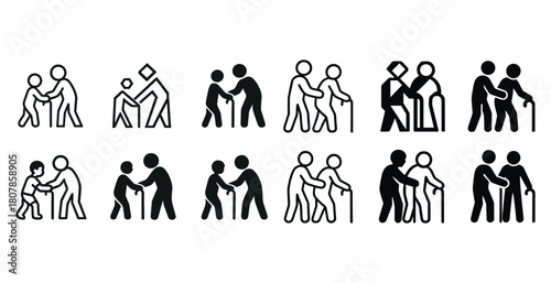 Icons depicting elderly support: varied styles of people with canes