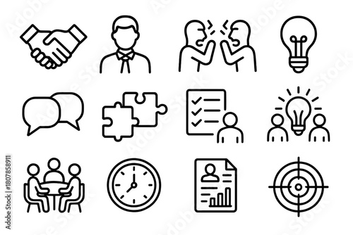 Workplace Mediation Icons. Workplace mediation. Line icon set of Workplace mediation: handshake, mediator, two people arguing, lightbulb, speech bubbles,