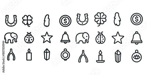 Collection of good luck icons featuring horseshoes, clovers, elephants, and stars