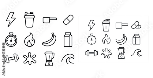 Fitness icons: supplements, exercise, nutrition, hydration, energy symbols
