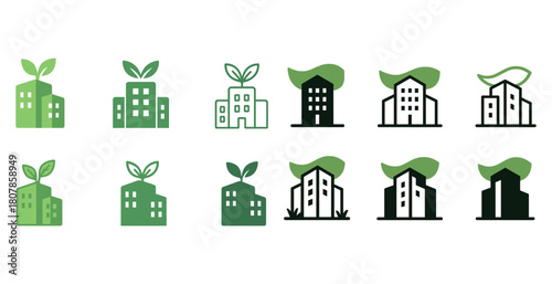Eco-friendly buildings with leaf roof icons symbolizing green architecture