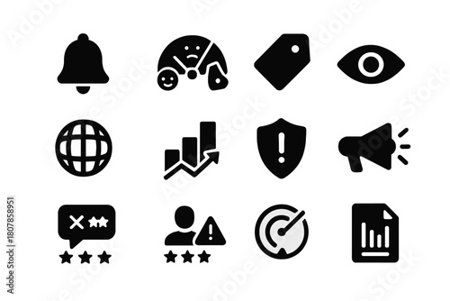 Reputation Monitoring Icons. Reputation Monitoring. Solid icon set of Reputation Monitoring: alert bell, sentiment meter, keyword tag, monitoring eye, globe