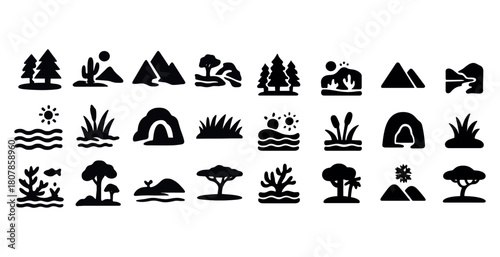 Black silhouette nature icons featuring trees, mountains, and water elements