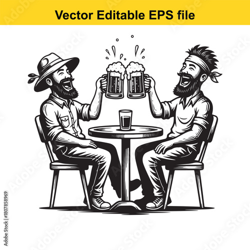 Two bearded men, seated at a table, raise their mugs in a toast, their laughter echoing in the air, celebrating friendship and the simple joys of life