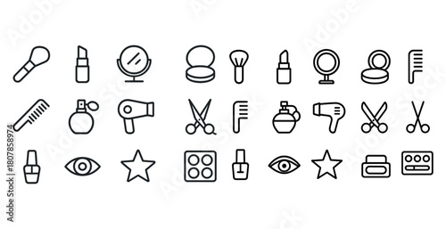 Vector icons of makeup and hair styling tools in black outline