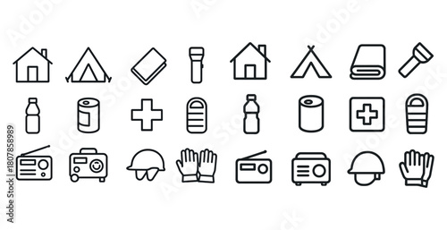 Emergency preparedness icons set: shelter, food, medicine, gear, communication