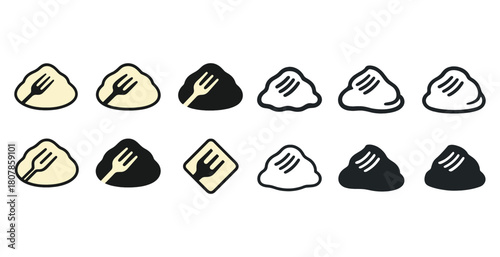 Set of fork and rice icons in various styles and colors