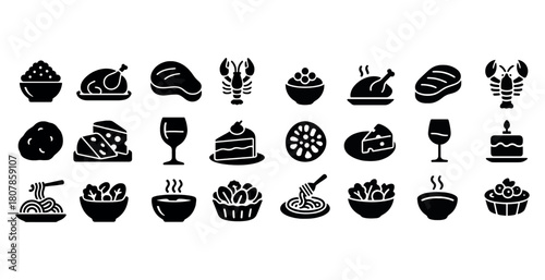 Collection of food icons: pasta, salad, cake, seafood, cheese, soup, meat