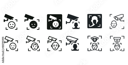 Surveillance and facial recognition icons collection in black and white