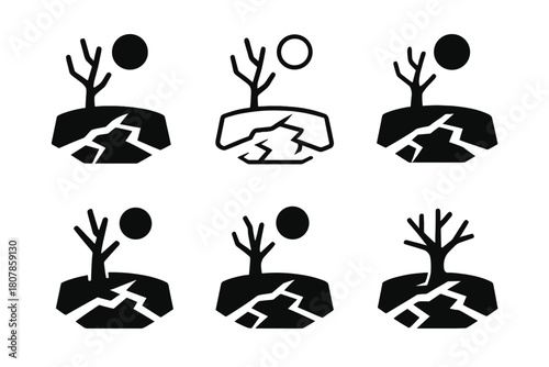 Wasteland Icon Variations. Wasteland. Icon set. Set Logo of wasteland: scorched landscape. harmonious logo variations of the same emblematic concept, each with