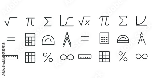 Mathematical and geometric symbols set featuring calculators and shapes