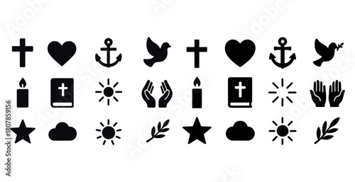 Collection of religious and symbolic icons: cross, heart, anchor, dove, candle, bible, star, sun, hands, cloud, branch