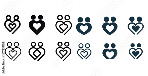 Set of love icons featuring heart and couple design in various styles