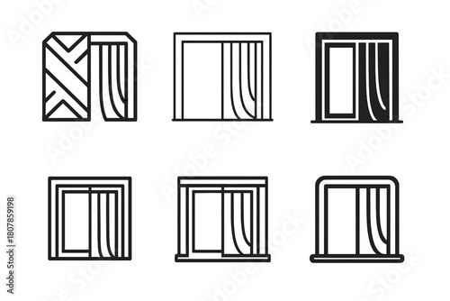 Sliding Doors Icons. Sliding doors. Icon set. Set Logo of sliding doors: balcony slider with sheer curtain. harmonious logo variations of the same emblematic