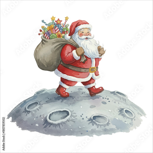 Santa Claus Exploring the Moon Vector Isolated on White Background Christmas
