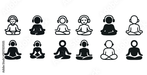 Meditation icons: diverse poses with headphones and without in black and white