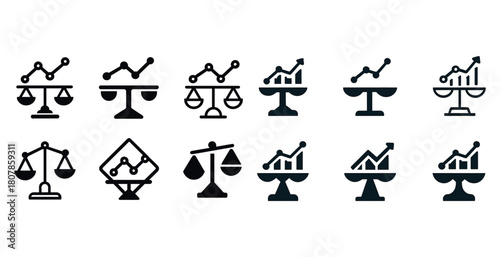 Collection of balance scales and graph icons representing financial growth and analysis