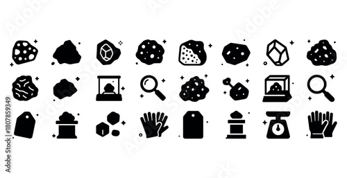 Set of geology and meteorite icons including crystals, fossils, and tools