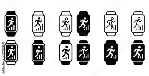 Black and white smartwatch fitness icons with running figures