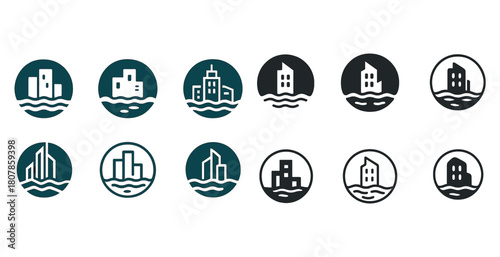 Collection of nautical-themed building logos in circular designs