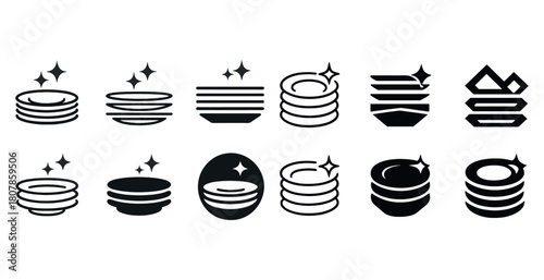 Set of iconic clean dishes illustrations with sparkles in black and white