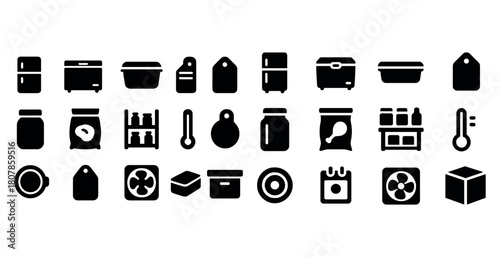Collection of kitchen storage and organization icons in black