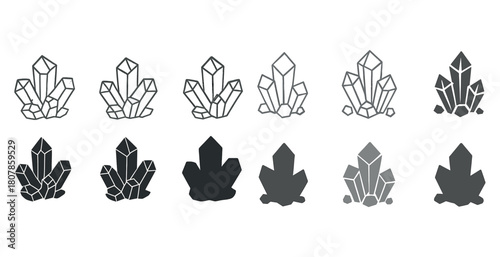 Vector art of crystal silhouettes in various styles and shades