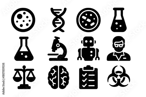 Synthetic Organism Icons. Synthetic Organisms. Solid icon set of Synthetic Organisms: artificial cell, DNA strand, petri dish, test tube, lab flask,