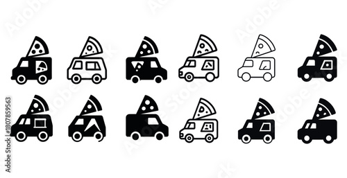 Black and white pizza delivery van icons with pizza slice on roof