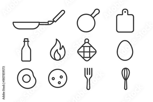 Kitchen Icon Set. Kitchen essentials. Line icon set of kitchen essentials: frying pan, handle, spatula, lid, cutting board, oil bottle, flame, pot holder, egg,