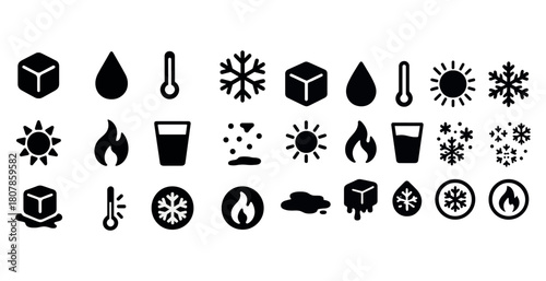 Collection of weather and temperature icons including snowflake, sun, and thermometer symbols