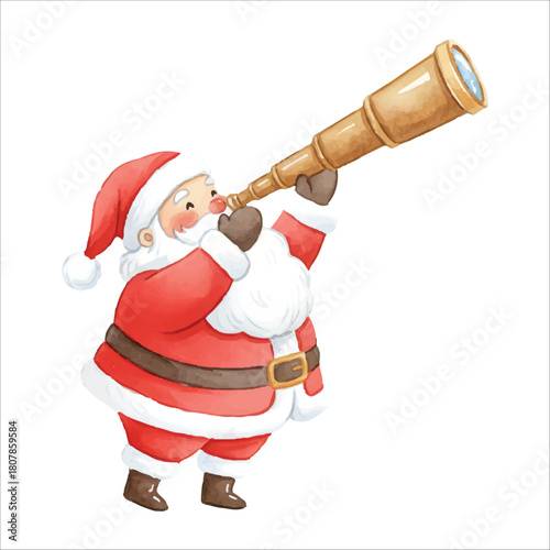 Santa Claus Holding Telescope Vector Isolated on White Background Christmas
