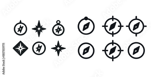 Set of compass icons: navigation symbols and direction pointers