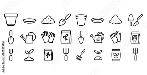 Collection of gardening tools and planting icons