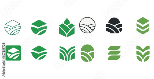 Collection of various green and black agricultural icons and symbols