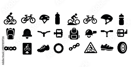 Cycling icons: bicycle, helmet, bottle, gear, and accessories collection
