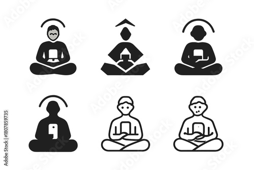 Meditation App Logos. using a meditation app. Icon set. Set Logo of using a meditation app: smartphone with tranquil landscape. harmonious logo variations of