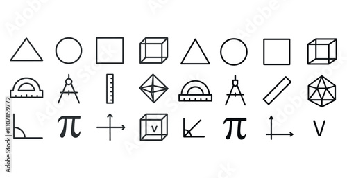 Geometric shape icons: triangles, circles, squares, and mathematical symbols